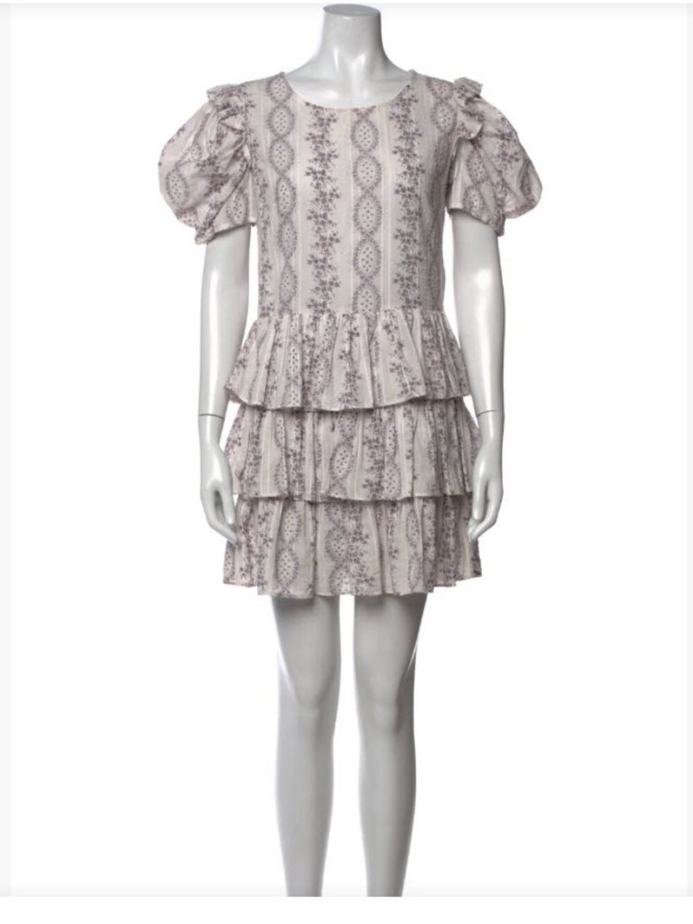 Women LoveShackFancy White Violet (Item-6) Floral Puff Sleeve Tier Mini Dress XS